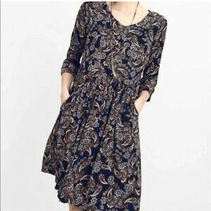 Garnet Hill Paisley Print Mini Dress Womens Sz 12 Navy 3/4 Sleeve Pullover